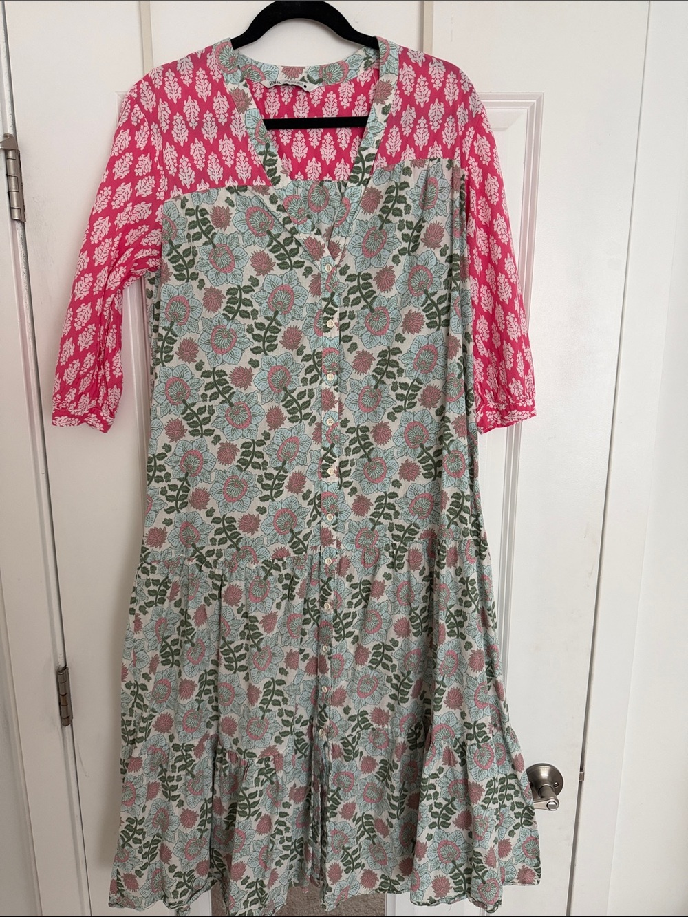 Zara Mint Floral Midi Dress with Pink Printed Sleeves